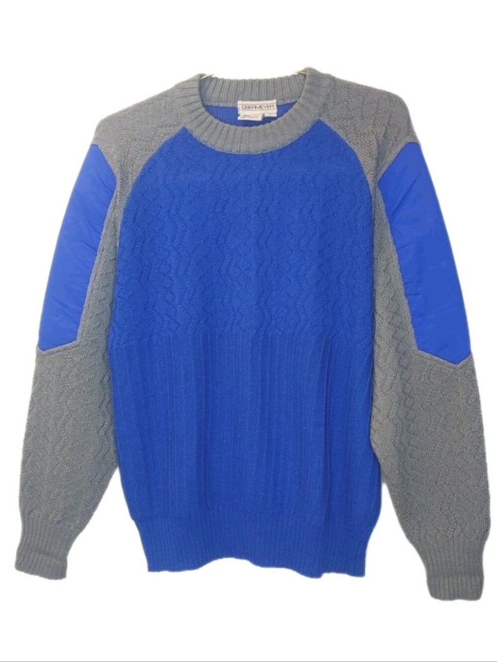 Vintage Obermeyer Men L Copper Sweater Textured Wool Knit Blue Gray Crewneck Ski
